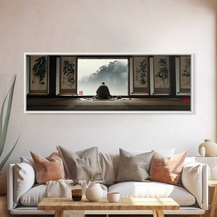 Zen Monk Viewing Misty Mountains Wall Art, Japanese Ink Framed Canvas Print, Meditation Room Decor, Japandi Home Decor, Zen Decor