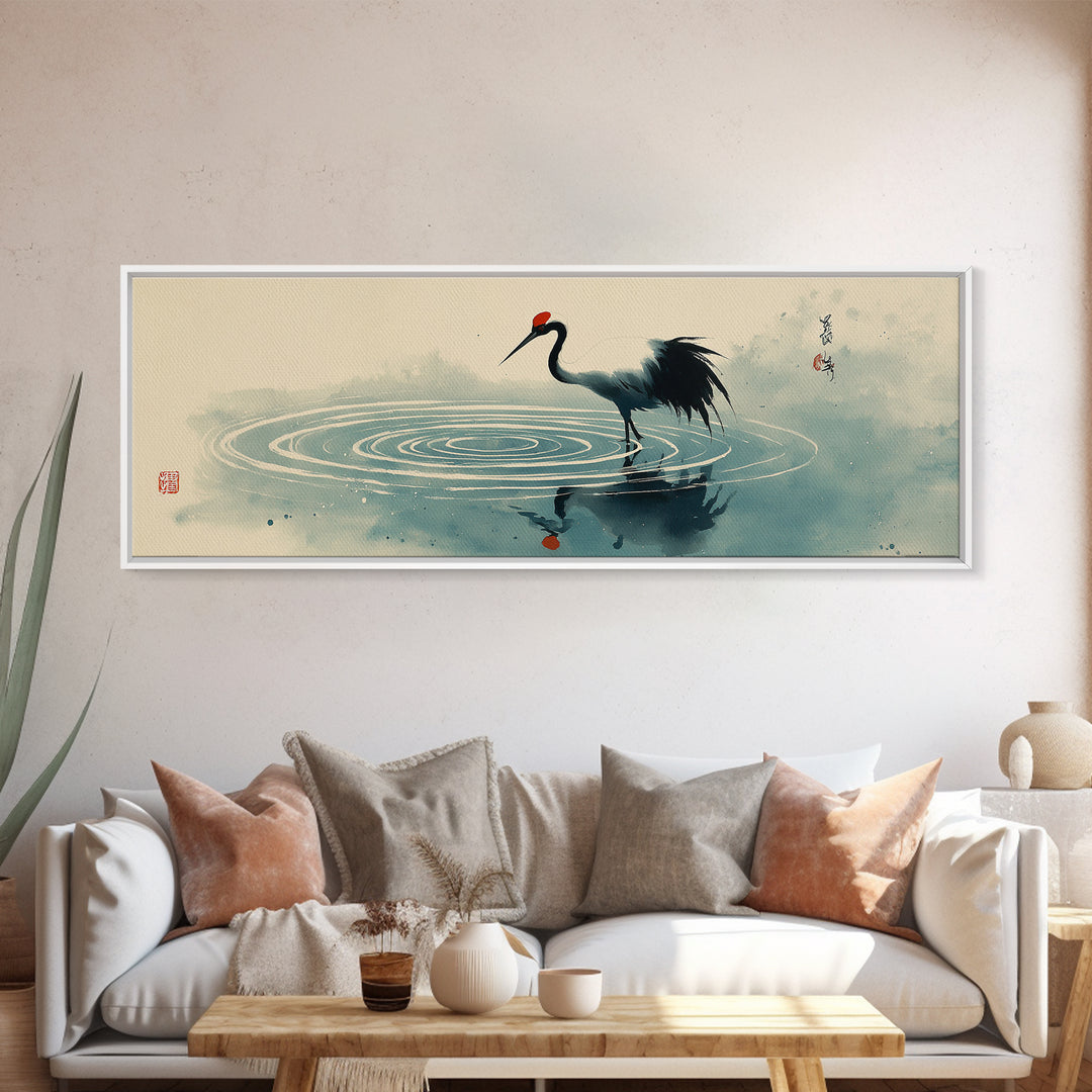 Japanese Crane Ink Painting Wall Art, Zen Bird Canvas Print, Minimalist Asian Decor, Japandi Meditation Room Gift For Her