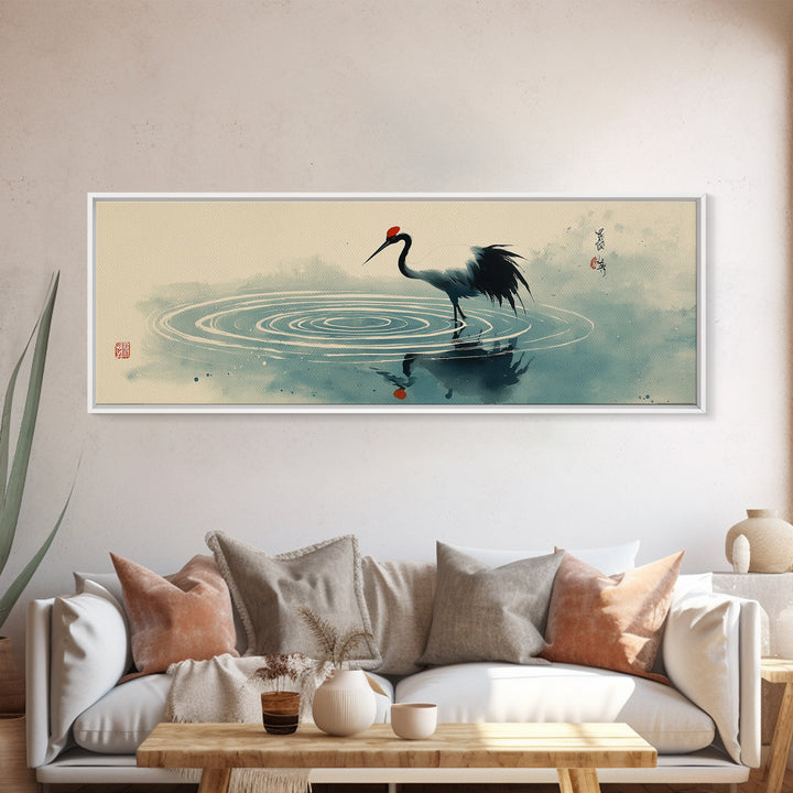 Japanese Crane Ink Painting Wall Art, Zen Bird Canvas Print, Minimalist Asian Decor, Japandi Meditation Room Gift For Her