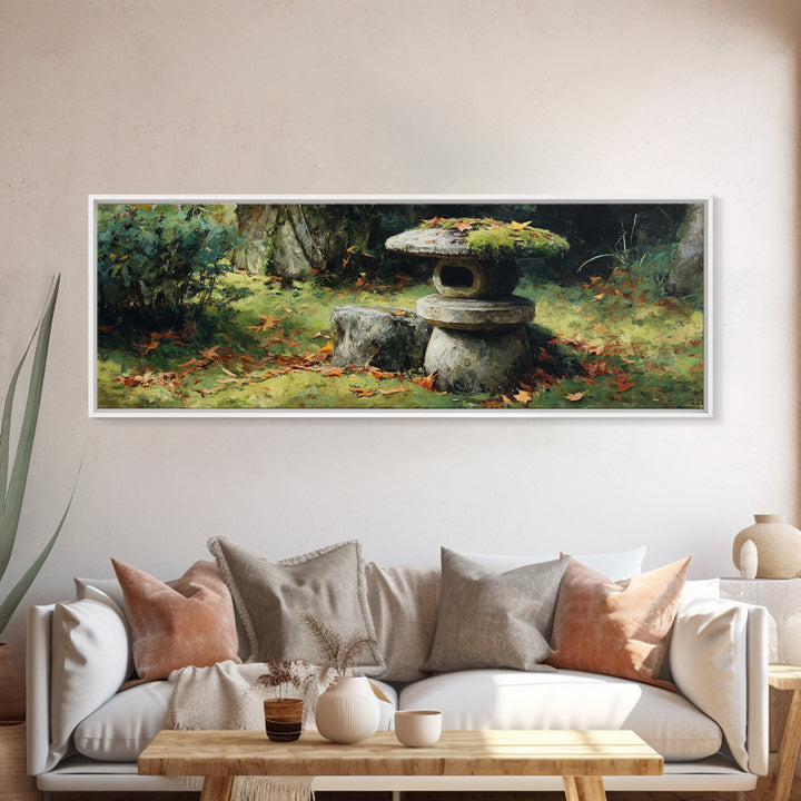 Mossy Japanese Stone Lantern Wall Art, Zen Garden Oil Painting Print, Japandi Decor, Tranquil Nature Framed Canvas Print