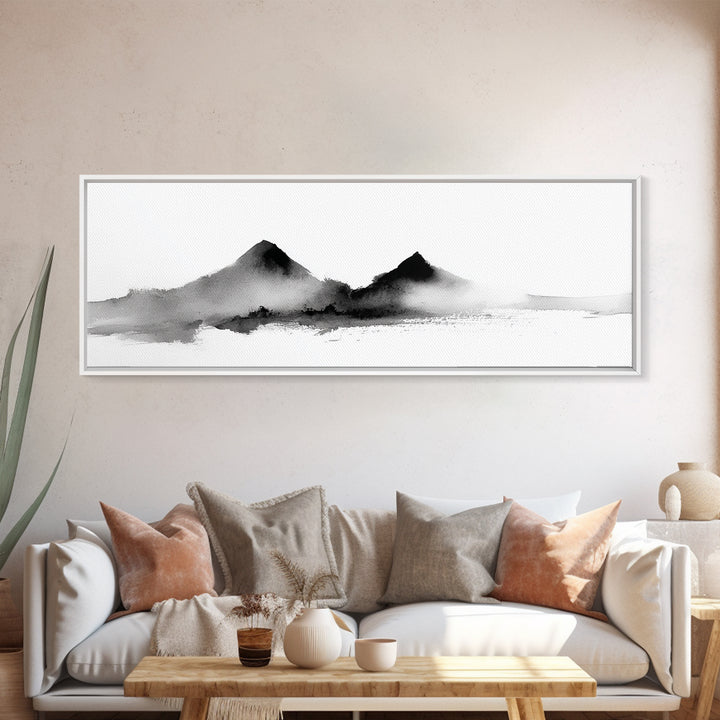 Minimal Black Ink Mountain Wall Art, Japanese Landscape Canvas Print, Wabi Sabi Zen Decor, Neutral Abstract Office Print Home Decor