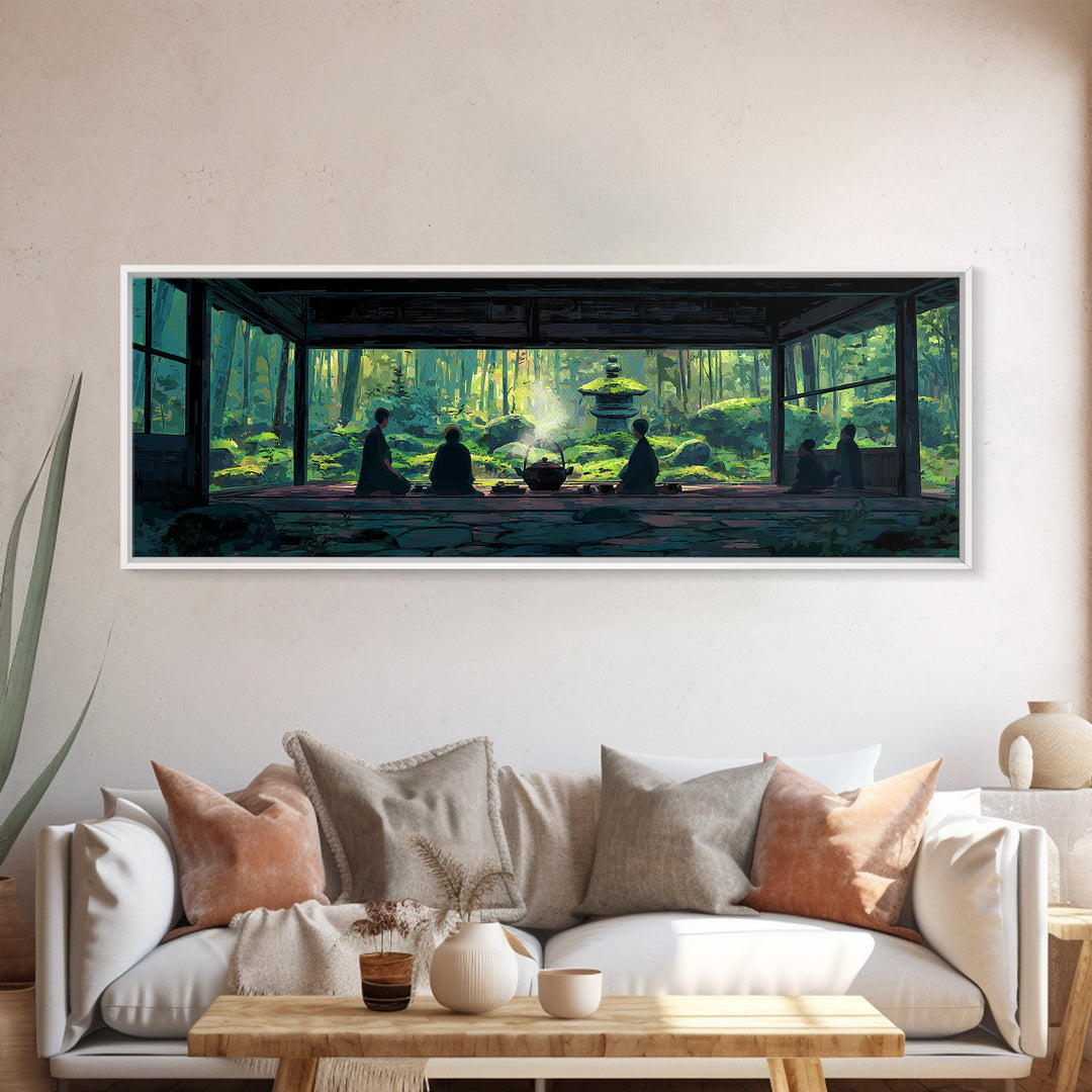 Serene Zen Tea Room With Forest Garden Canvas Print, Japanese Wall Art, Meditation Room Decor, Japandi Nature Landscape Art