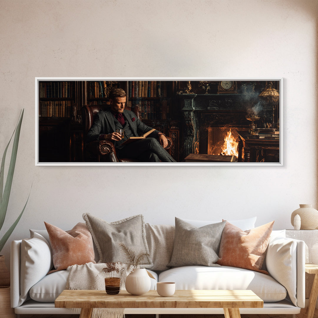 Gentleman Reading By Fireplace Wall Art, Dark Academia Library Canvas Print, Cozy Office Decor, Book Lover Housewarming Gift