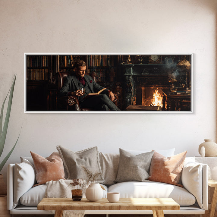 Gentleman Reading By Fireplace Wall Art, Dark Academia Library Canvas Print, Cozy Office Decor, Book Lover Housewarming Gift