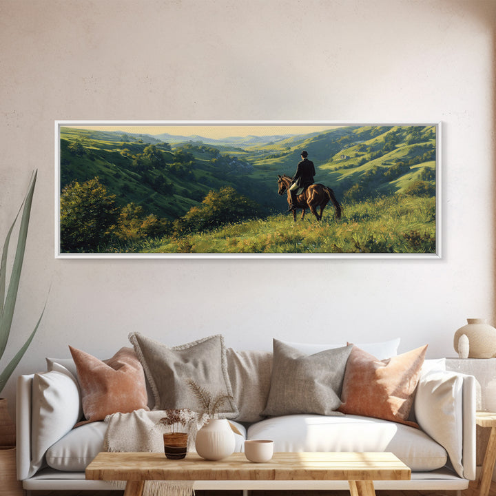 Horse Rider Over Green Valley Wall Art, Panoramic Landscape Canvas Print, Western Country Home Decor, Equestrian Gift For Him