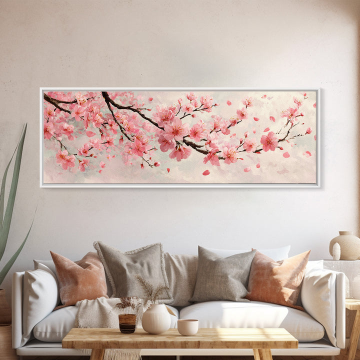 Pink Cherry Blossom Branch Wall Art, Japanese Floral Canvas Print, Spring Botanical Decor, Feminine Bedroom Artwork Gift