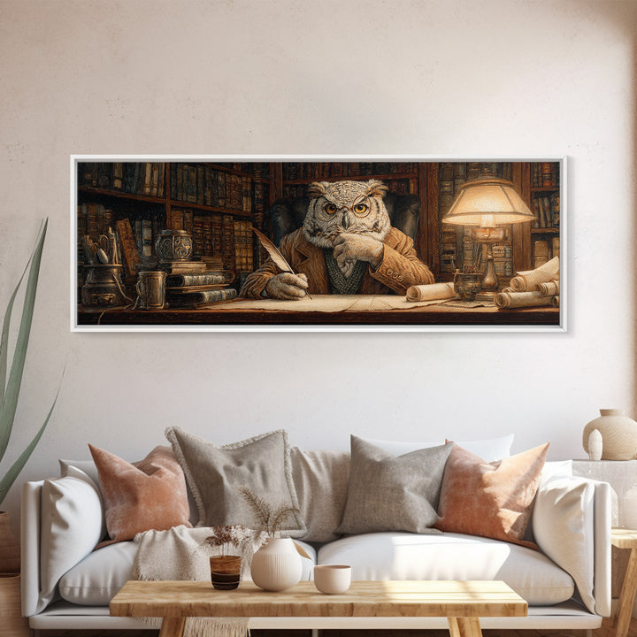Wise Owl Librarian At Antique Desk Wall Art, Dark Academia Library Decor, Whimsical Animal Art Print For Book Lovers Gift