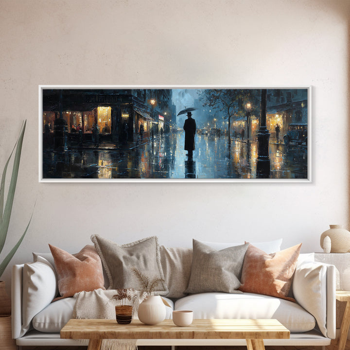 Rainy City Street With Umbrella Wall Art, Moody Urban Landscape Print, Blue Night Office Decor, Contemporary Canvas Print
