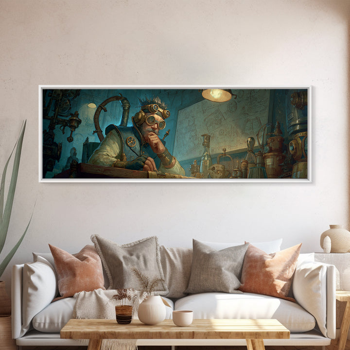 Steampunk Inventor Writing In Blue Laboratory Wall Art, Futuristic Science Decor, Industrial Office Art Print, Gift For Him