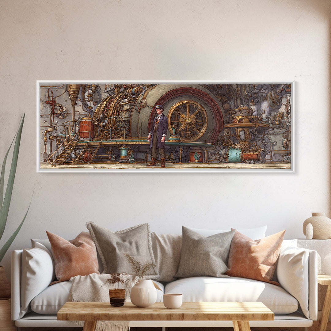 Victorian Engineer Before Giant Machine Canvas Print, Steampunk Industrial Wall Art, Mechanical Office Decor, Gift For Him