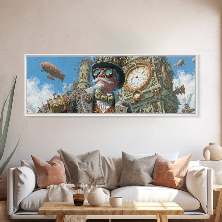 Steampunk Gentleman With Goggles And Clock Tower Wall Art, Victorian Airship Canvas, Industrial Office Decor For Living Room