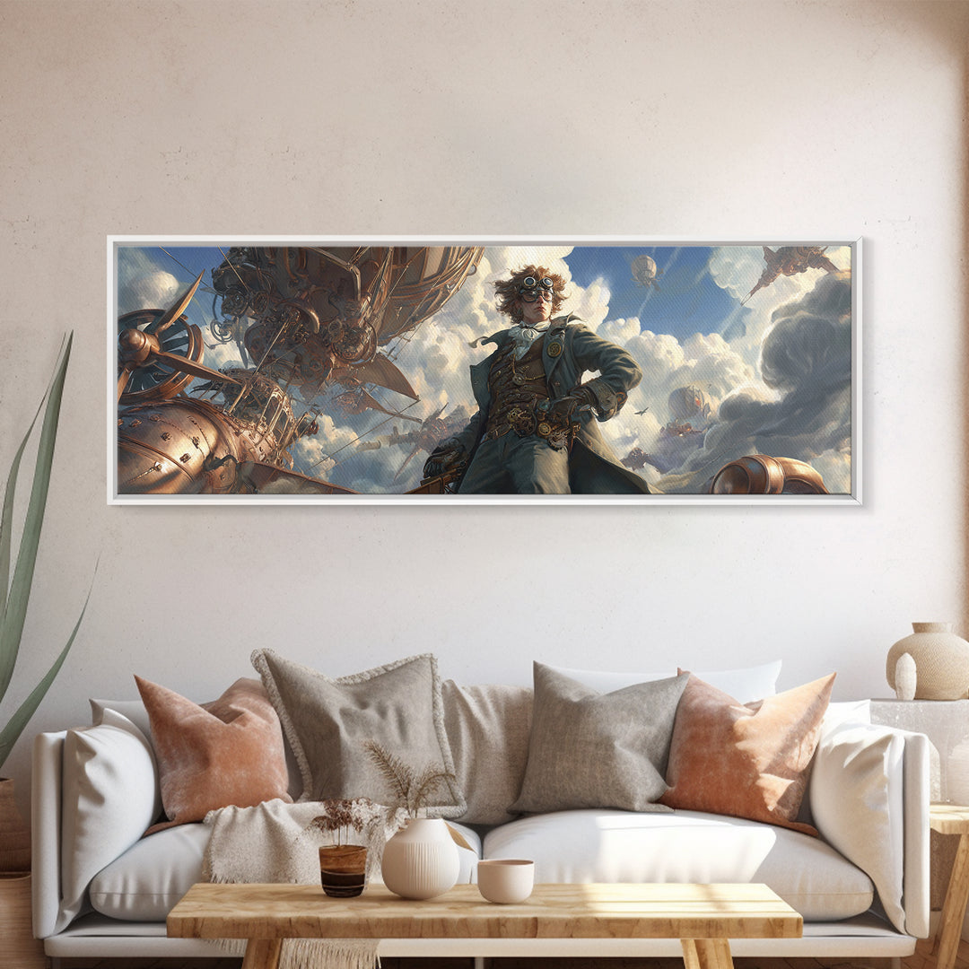 Airship Captain In Storm Clouds Framed Canvas Print, Steampunk Aviation Wall Art, Dramatic Sci Fi Office Decor For Game Room
