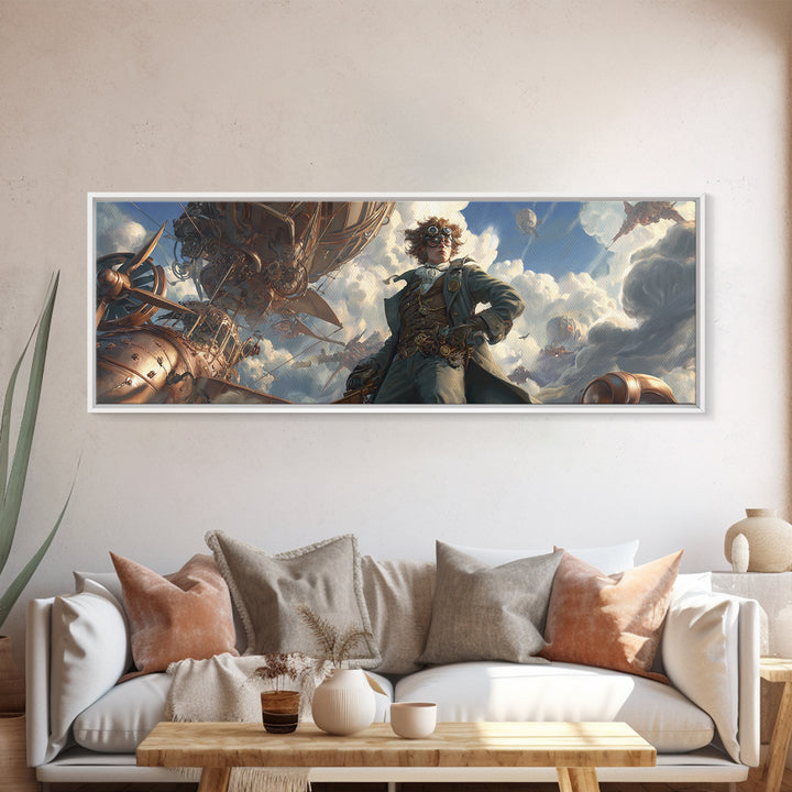 Airship Captain In Storm Clouds Framed Canvas Print, Steampunk Aviation Wall Art, Dramatic Sci Fi Office Decor For Game Room