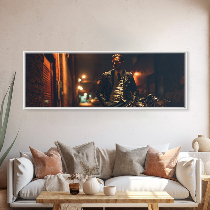 Noir Biker In Shadowed Alley Wall Art, Cinematic Motorcycle Canvas Print, Masculine Man Cave Decor Gift For Him, Urban Office Decor