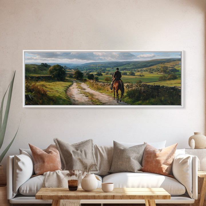 Lone Horse Rider On Country Road Wall Art, Rolling Hills Landscape Canvas Print, Rustic Farmhouse Living Room Decor Gift