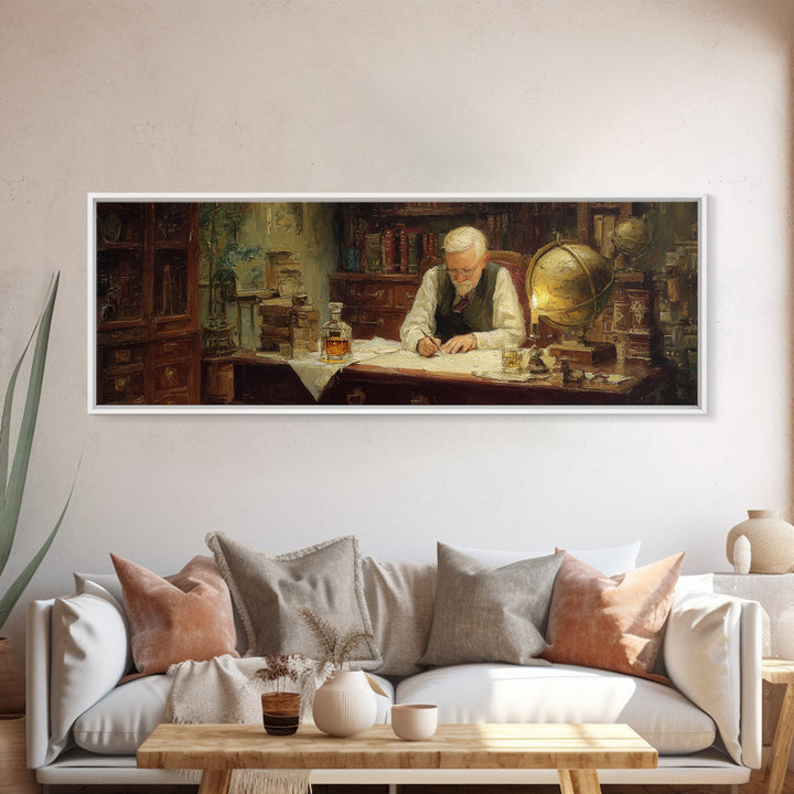 Elderly Scholar Writing Maps In Library Wall Art, Antique Globe Canvas Print, Dark Academia Office Decor Gift For Book Lovers