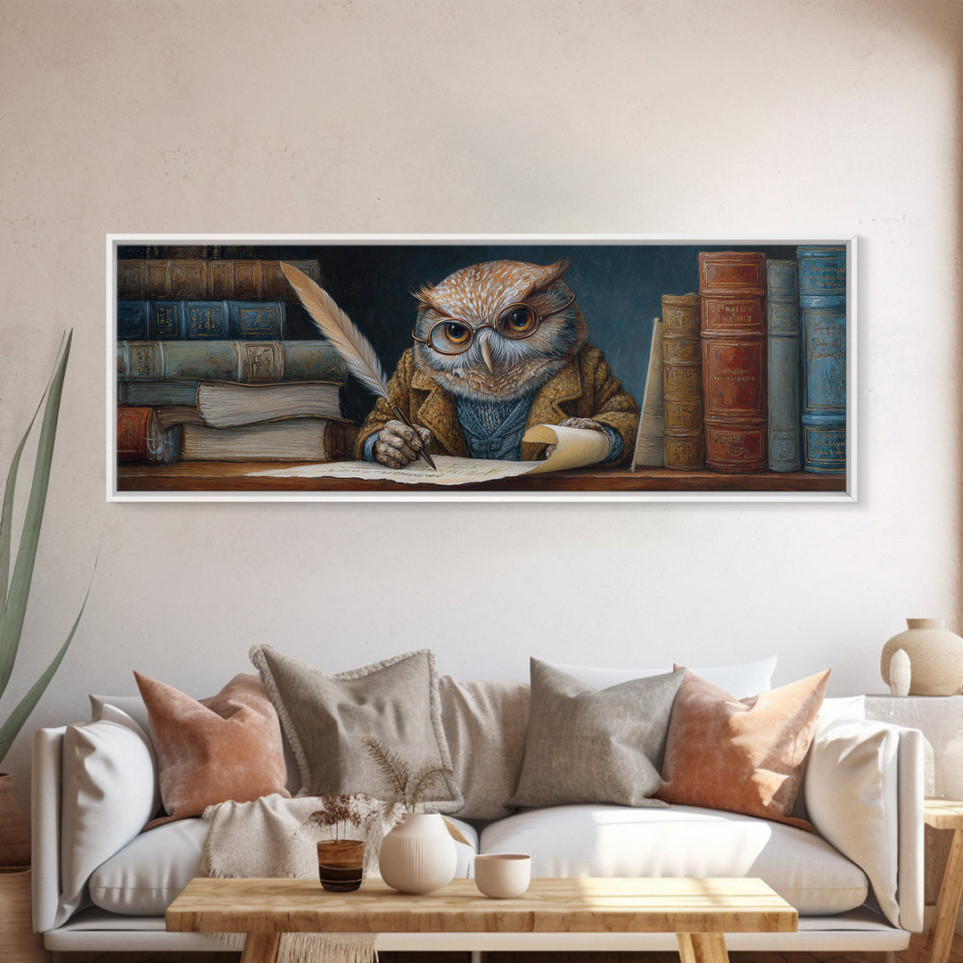 Whimsical Owl Scholar Writing Letters Wall Art, Storybook Animal Canvas Print, Cozy Library Nursery Office Decor Gift For Readers