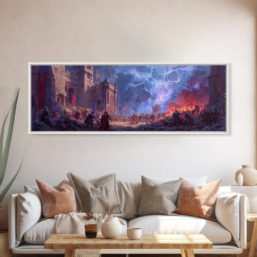 Stormlit Castle Siege Fantasy Battle Wall Art, Medieval Dragon Decor, Epic Landscape Canvas Print, Gamer Room Gift For Him