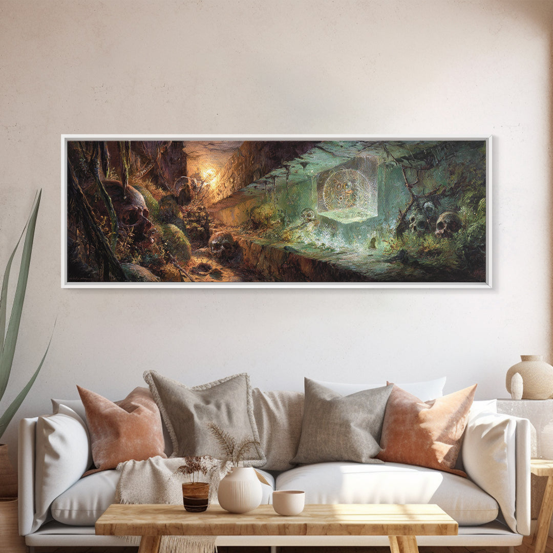 Glowing Crypt Relic Dungeon Fantasy Wall Art, Dark Academia Decor, Gothic Canvas Print, Skull Cave Adventure Art For Game Room