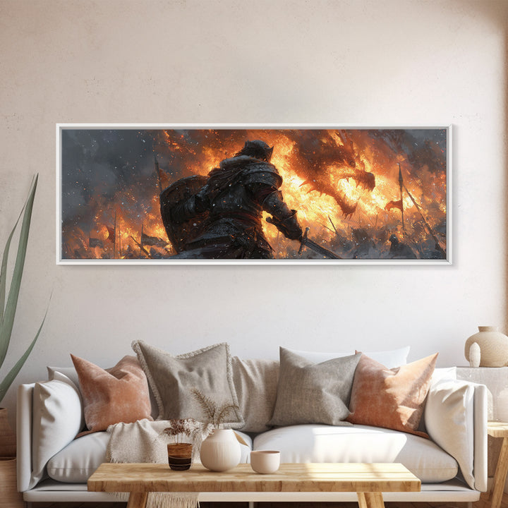 Lone Warrior Before Blazing Battlefield Framed Canvas Print, Dark Fantasy Wall Art, Medieval Battle Decor, Gift For Gamer