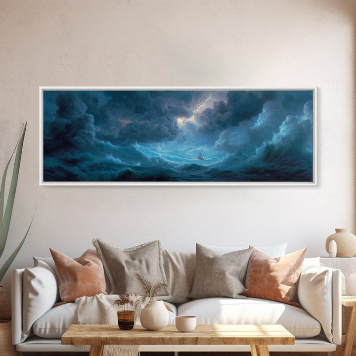 Stormy Ocean Ship Seascape Wall Art, Dramatic Nautical Canvas Print, Blue Coastal Living Room Decor, Moody Sea Gift For Him