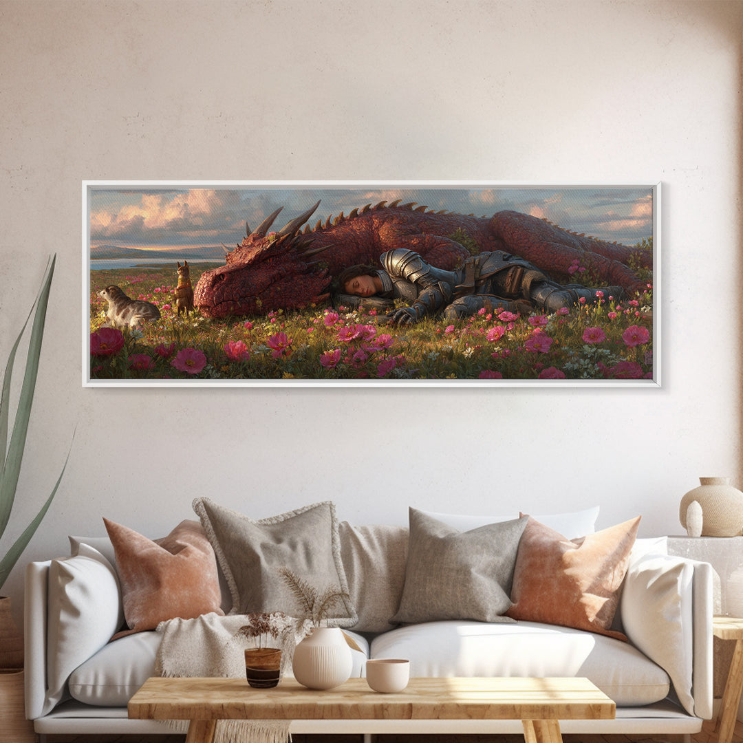 Sleeping Knight With Red Dragon In Flower Meadow Wall Art, Whimsical Fantasy Canvas Print, Nursery Decor Gift For Her And Kids