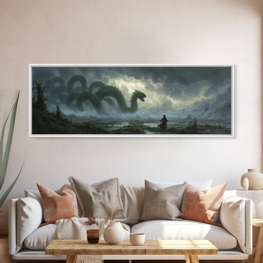 Storm Hydra Rising From Misty Swamp Wall Art, Dark Fantasy Canvas Print, Mythical Monster Home Decor, Gothic Gift For Him