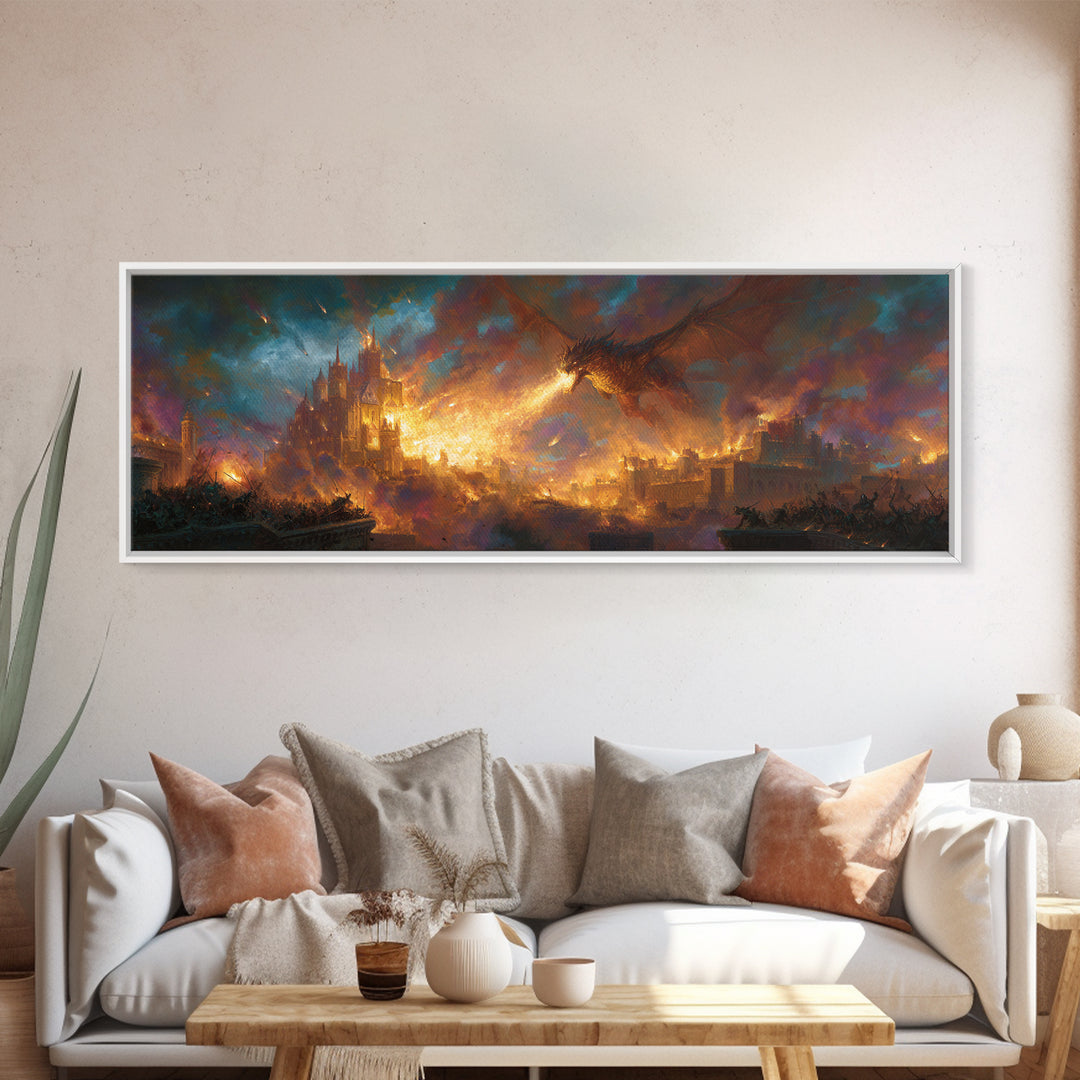 Fire Breathing Dragon Over Burning City Wall Art, Epic Fantasy Canvas Print, Medieval Castle Home Decor, Gamer Gift For Him