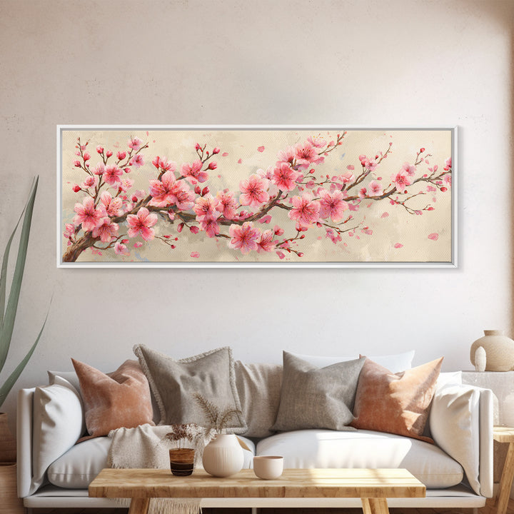 Pink Cherry Blossom Branch Canvas Print, Japanese Spring Wall Art, Botanical Floral Decor, Above Bed Panoramic Artwork Gift