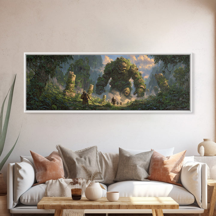 Ancient Jungle Golem Ruins With Adventurers Canvas Print, Fantasy Wall Decor, Large Landscape Art, Mythical Home Decor Gift