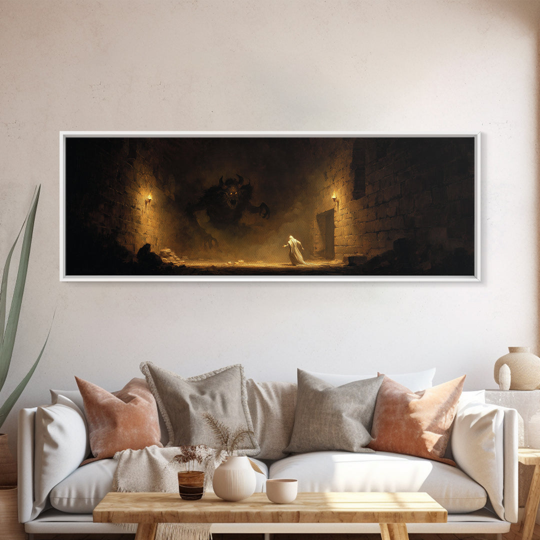Torchlit Dungeon Minotaur Encounter Framed Canvas Print, Dark Fantasy Wall Art, Gothic Decor, Fantasy Gift For Him, Moody Wall Decor