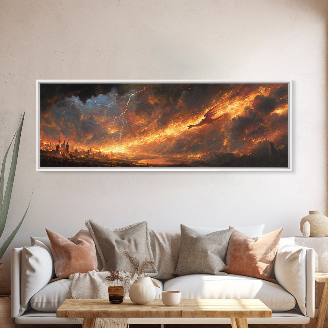 Apocalyptic Fire Dragon Over Burning City Canvas Print, Dark Fantasy Wall Art, Stormy Landscape, Dramatic Game Room Decor