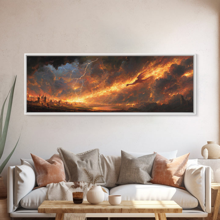 Apocalyptic Fire Dragon Over Burning City Canvas Print, Dark Fantasy Wall Art, Stormy Landscape, Dramatic Game Room Decor