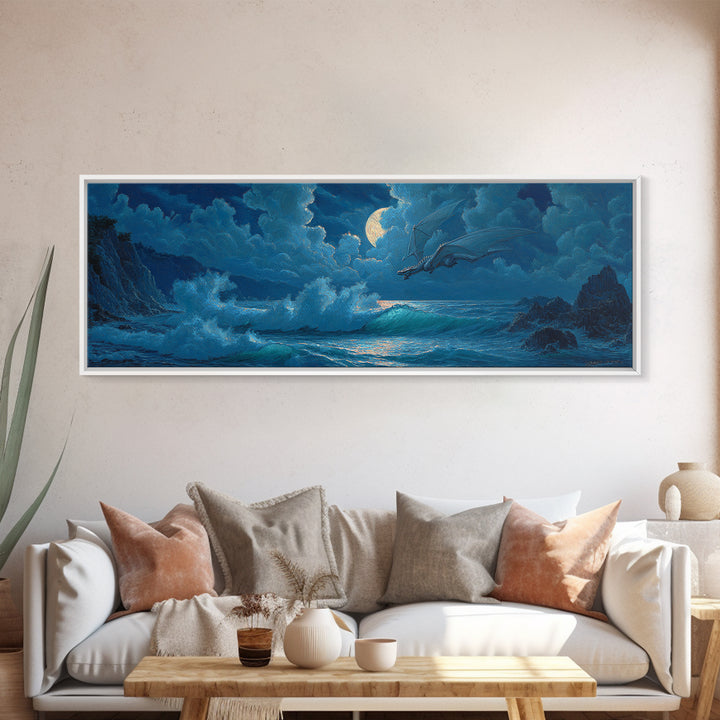 Moonlit Ocean Dragon Above Crashing Waves Canvas Print, Fantasy Wall Art, Nautical Decor, Blue Coastal Seascape Print Gift