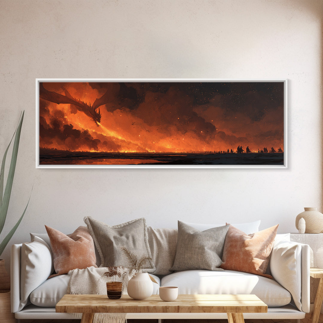 Fiery Dragon Horde Crossing Ashen Battlefield Canvas Print, Dark Fantasy Wall Art, Epic Dragon Art, Gaming Room Decor, Gift