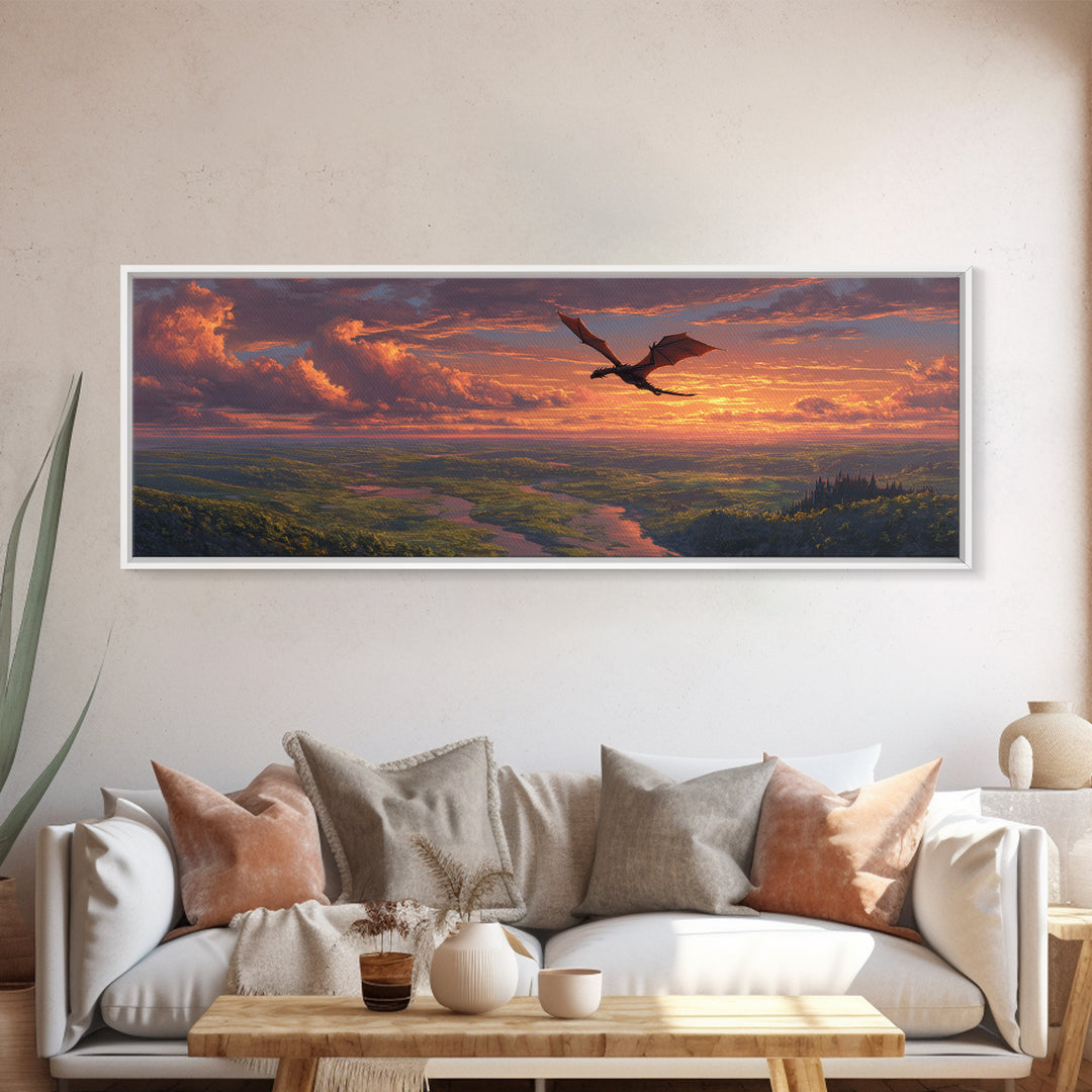 Sunset Dragon Flight Over River Valley Canvas Print, Fantasy Landscape Wall Art, Colorful Nature Art, Living Room Decor Gift