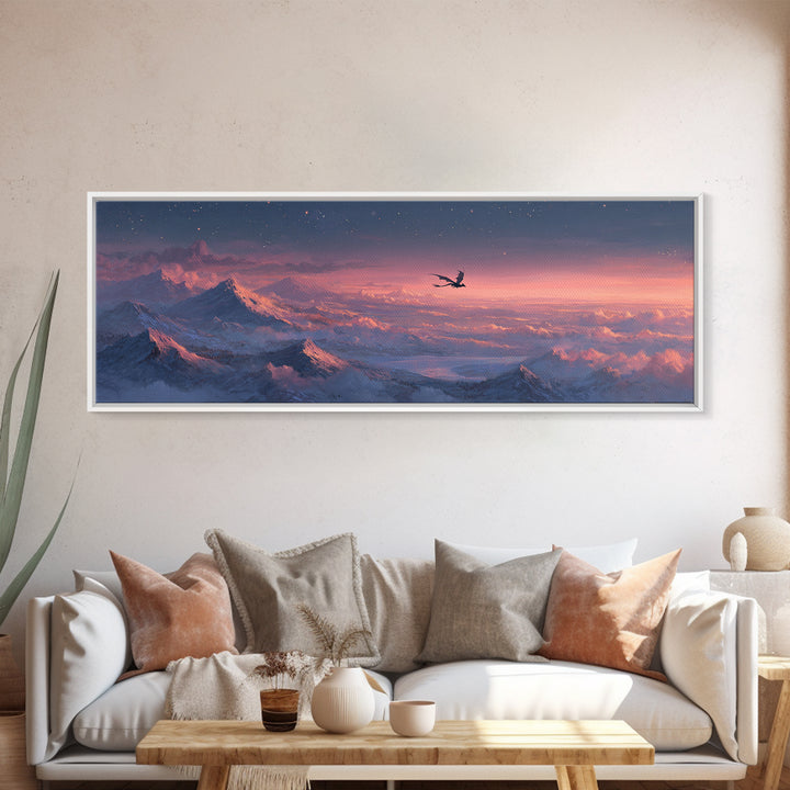 Pink Alpine Dragon Above Snowy Peaks Canvas Print, Fantasy Landscape Wall Art, Mountain Wall Art, Dreamy Bedroom Decor, Gift
