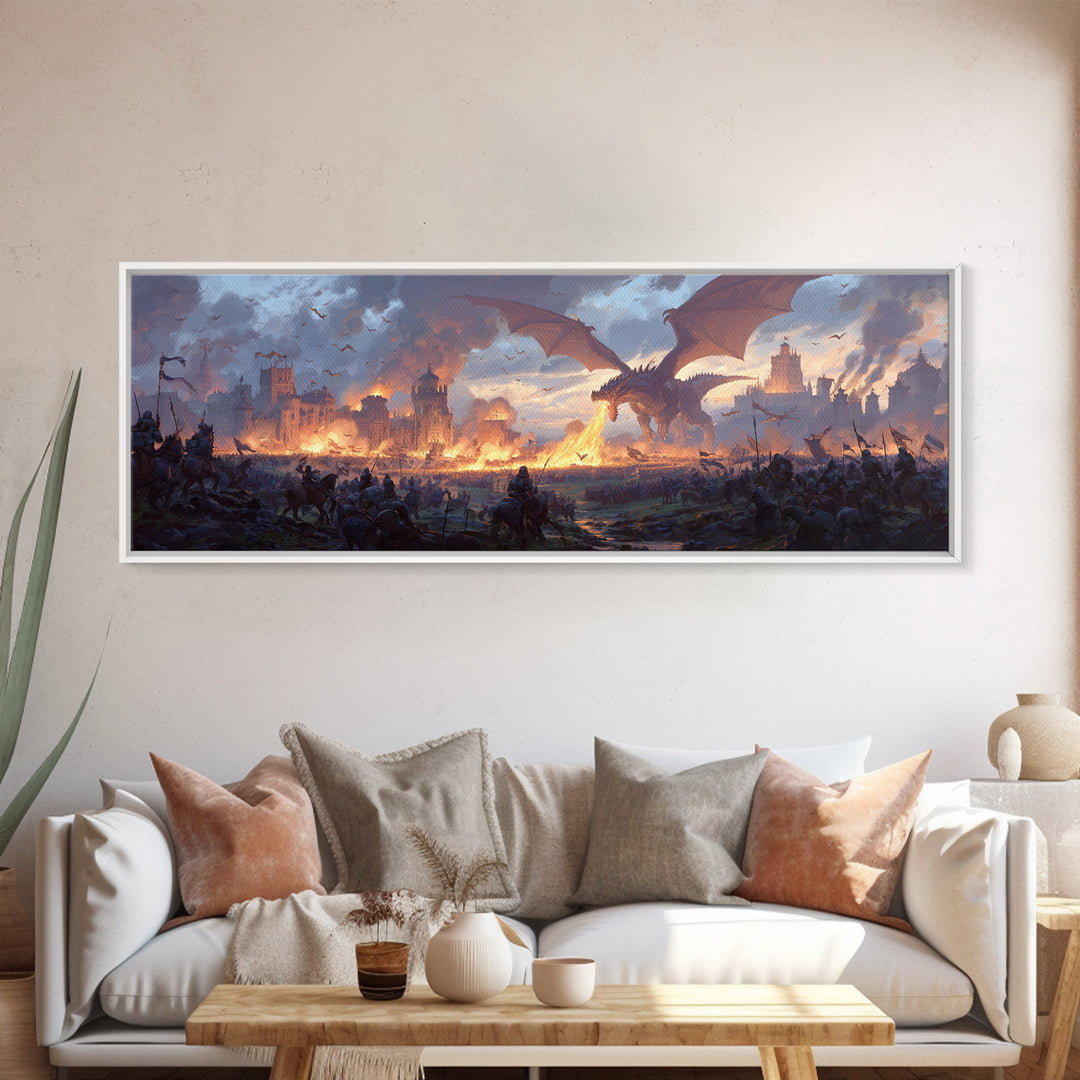 Epic Dragon Siege Over Burning Kingdom Framed Canvas Print, Fantasy Wall Art, Medieval Battle Decor, Game Room Art, Large Wall Decor