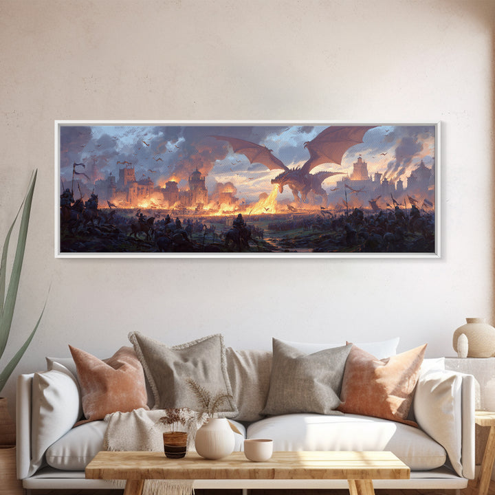 Epic Dragon Siege Over Burning Kingdom Framed Canvas Print, Fantasy Wall Art, Medieval Battle Decor, Game Room Art, Large Wall Decor