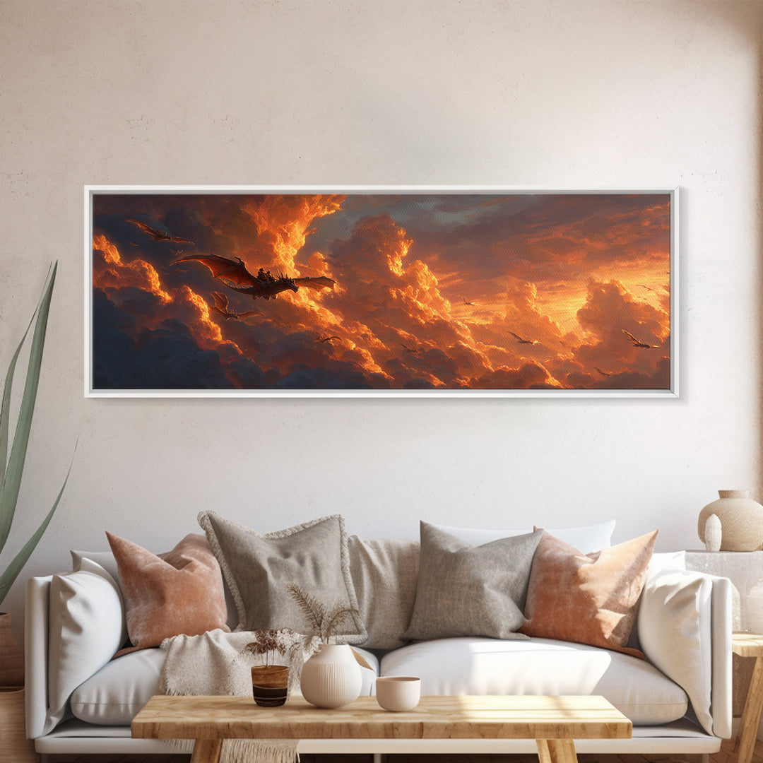Golden Storm Clouds With Soaring Dragons Canvas Print, Fantasy Wall Art, Sunset Sky Decor, Epic Landscape Art Print, Living Room Decor
