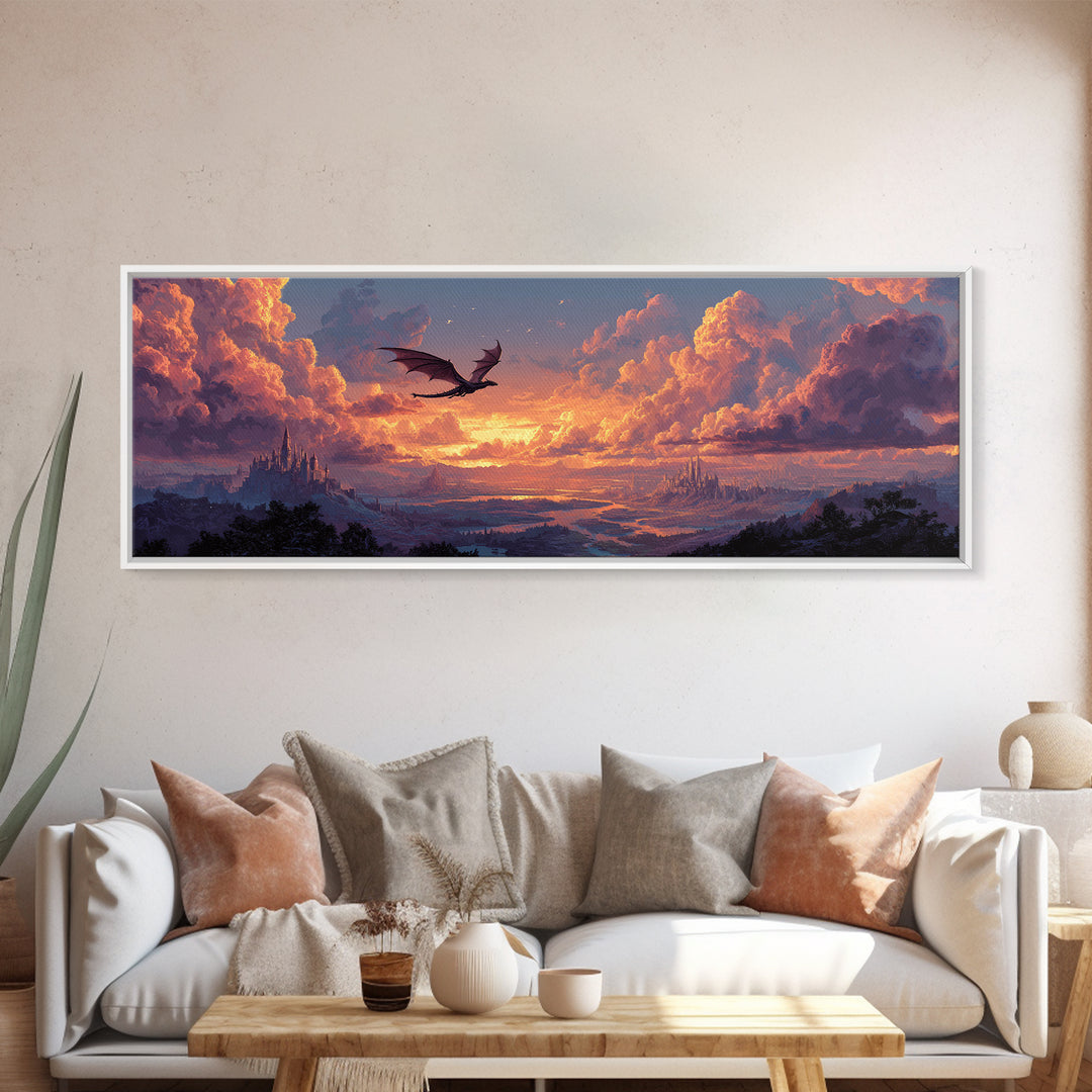 Pastel Dragon Over Cloud Castles At Sunset Canvas Print, Fantasy Landscape Wall Art, Whimsical Decor, Dreamy Nursery Art