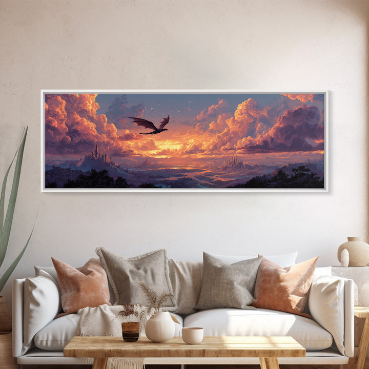 Pastel Dragon Over Cloud Castles At Sunset Canvas Print, Fantasy Landscape Wall Art, Whimsical Decor, Dreamy Nursery Art