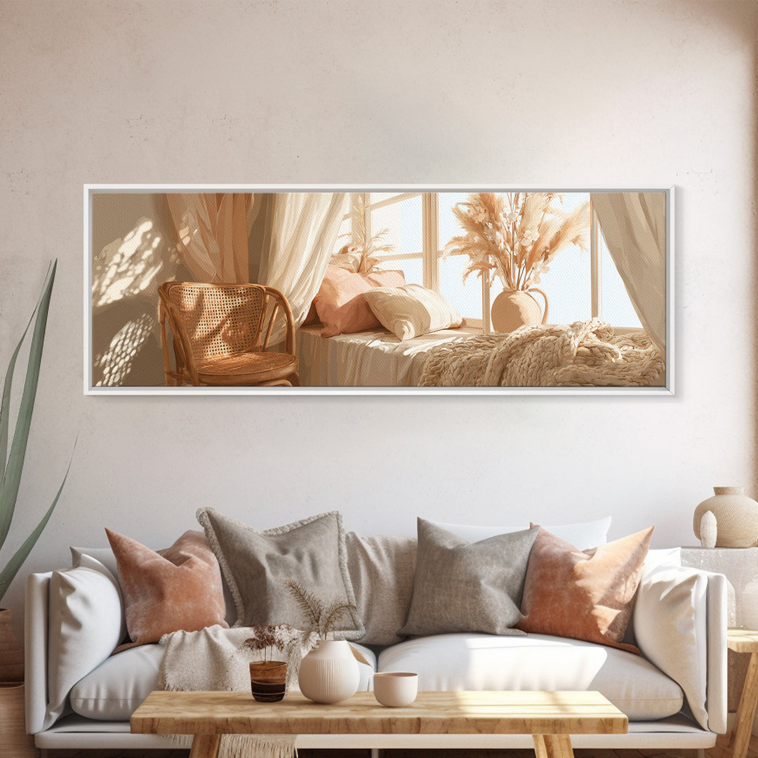 Sunlit Boho Bedroom With Pampas Grass Wall Art, Warm Neutral Above Bed Decor, Cozy Home Decor, Large Horizontal Canvas Print
