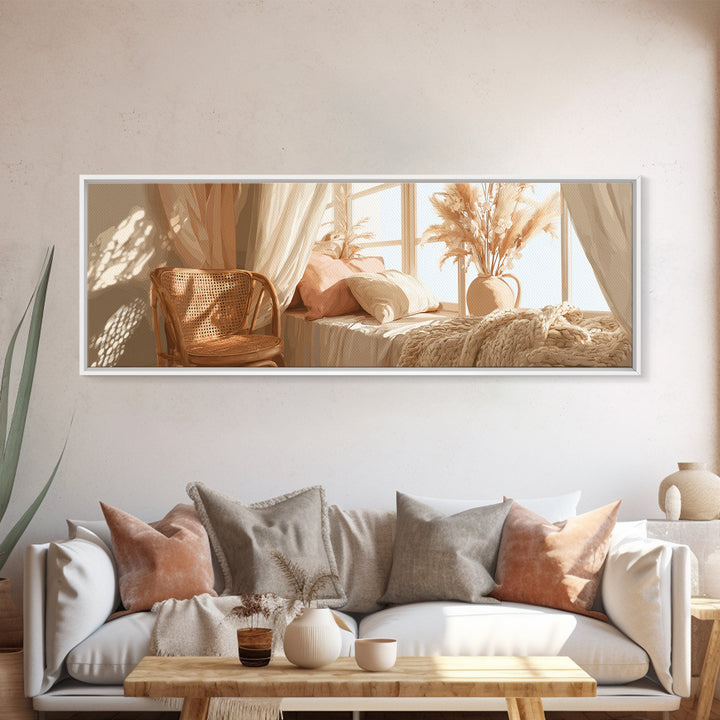 Sunlit Boho Bedroom With Pampas Grass Wall Art, Warm Neutral Above Bed Decor, Cozy Home Decor, Large Horizontal Canvas Print