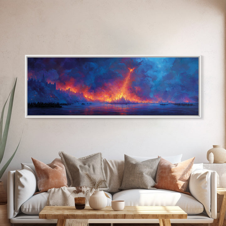 Fire Dragon Over Burning Forest Wall Art, Fantasy Landscape Canvas Print, Dark Moody Wall Decor, Panoramic Art Gift For Him