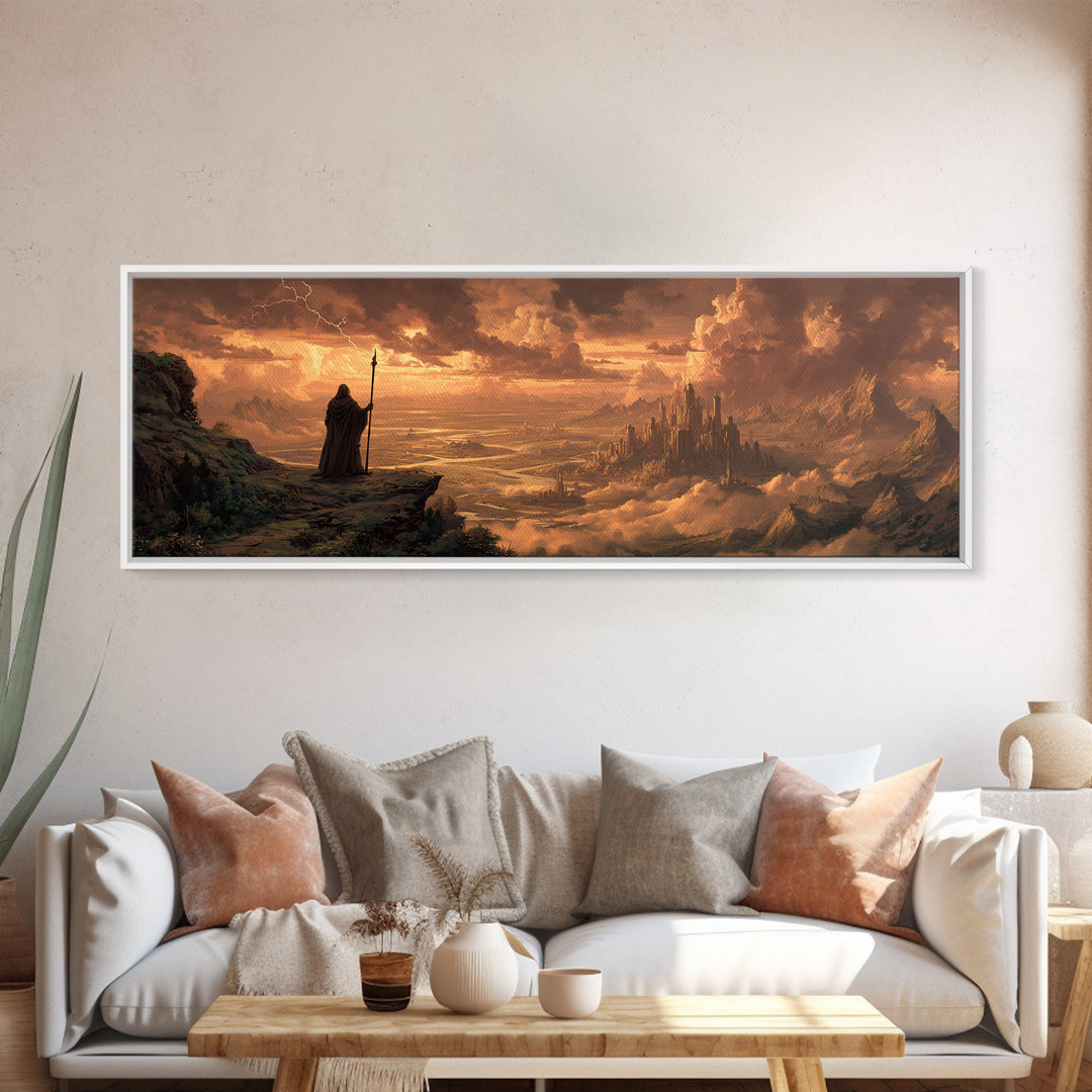 Wizard Over Golden Cloud City Framed Canvas Print, Fantasy Landscape Wall Art, Medieval Home Decor, Epic Castle Gift For Him