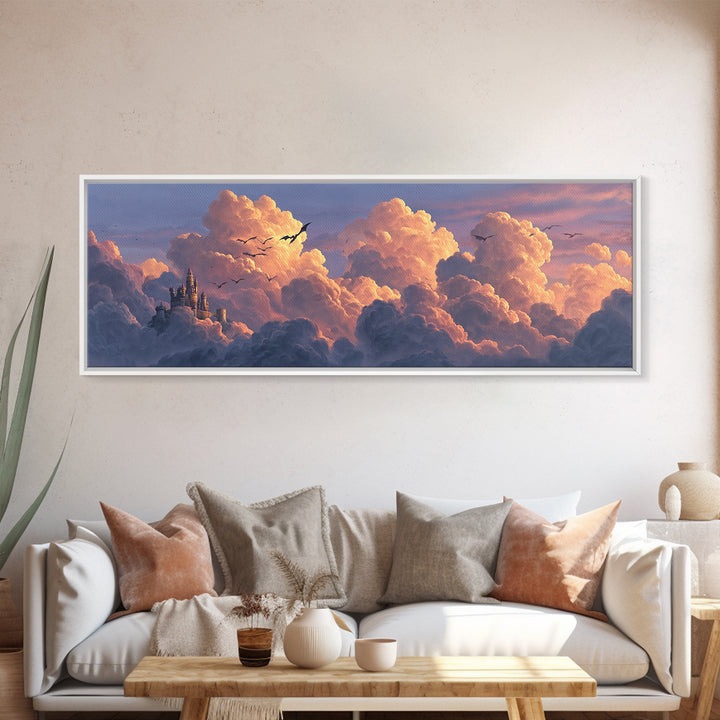 Pastel Castle In Pink Clouds Canvas Print, Dreamy Fantasy Wall Art, Nursery Decor, Whimsical Cloudscape Art, Gift For Her