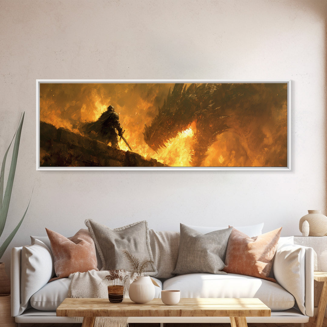 Lone Warrior Facing Fire Dragon Wall Art, Dark Fantasy Canvas Print, Epic Battle Decor, Medieval Gift For Him, Large Art