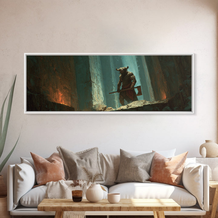 Minotaur Warrior In Ancient Forest Framed Canvas Print, Dark Fantasy Wall Art, Gothic Decor, Mythological Art Gift For Him
