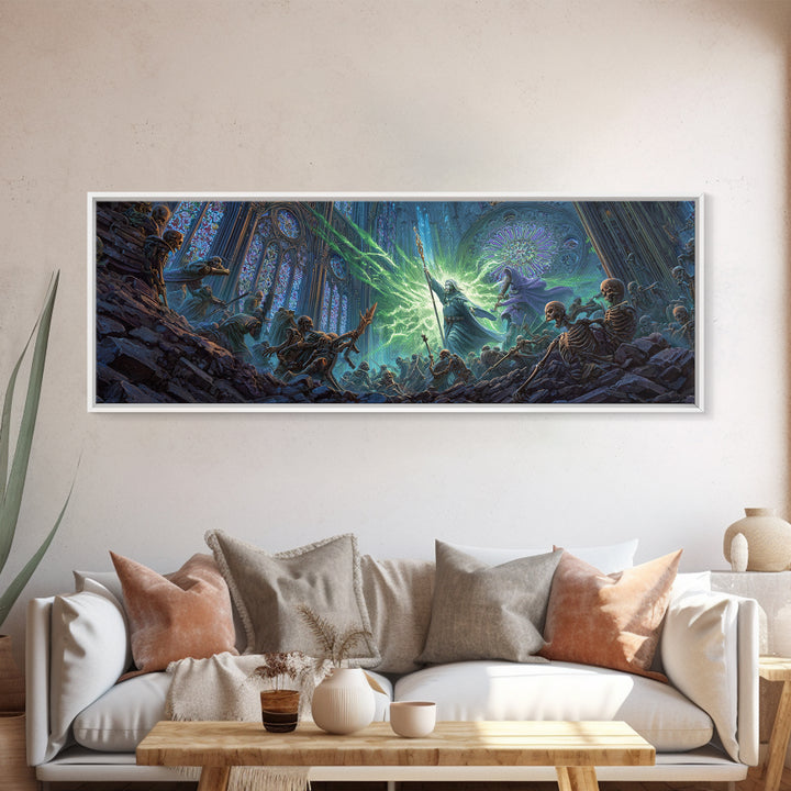 Necromancer Battle In Gothic Cathedral Wall Art, Dark Fantasy Canvas Print, Skeleton Decor, Surreal Magic Art Gift For Him